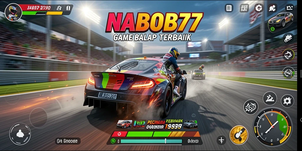 Screenshot gameplay NABOB77 dengan mobil balap yang melaju cepat.
