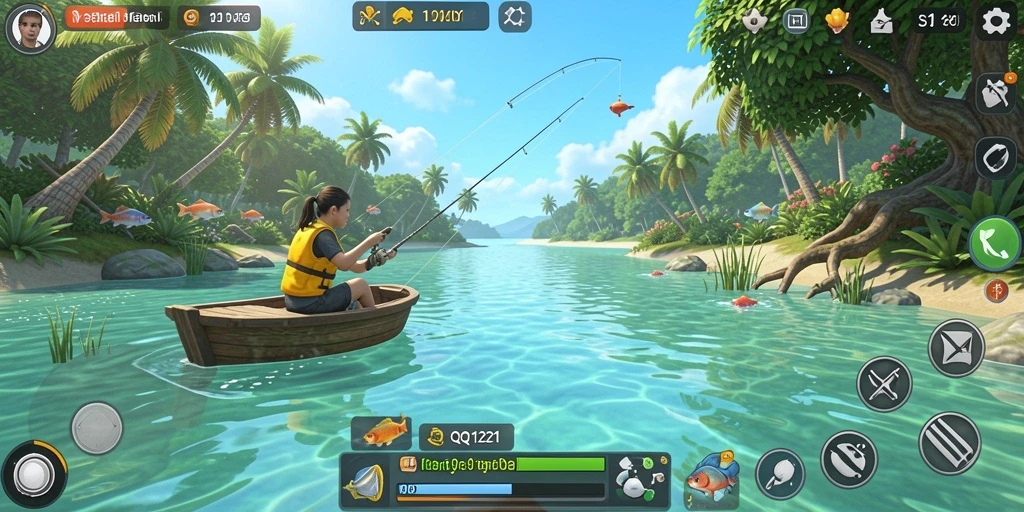 Screenshot gameplay QQ1221 menampilkan pemain yang sedang memancing di danau yang indah.