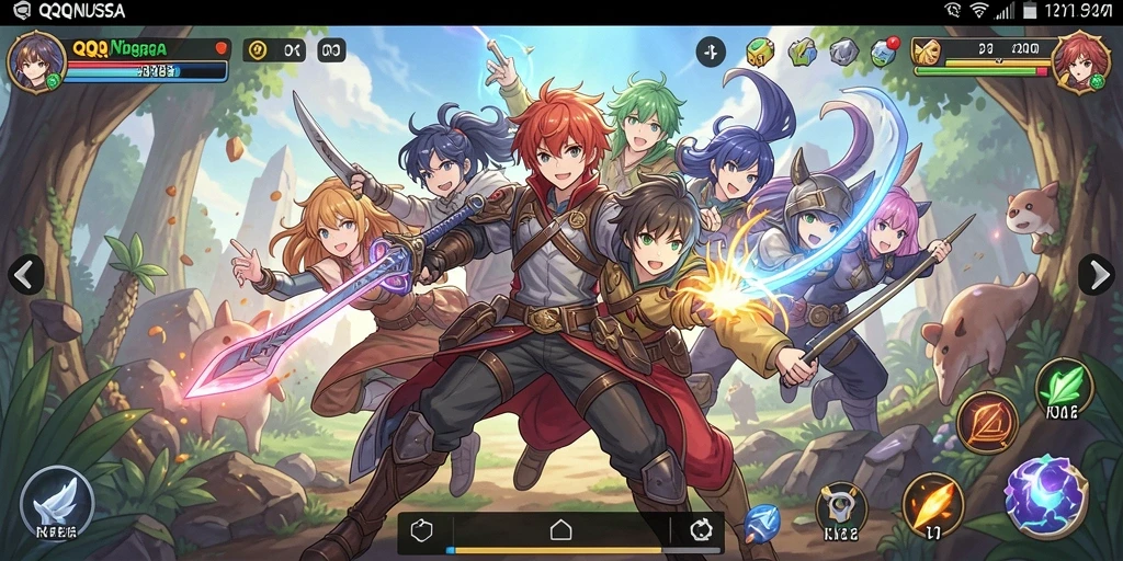 Screenshot menampilkan pertempuran seru dalam QQNUSA dengan karakter Anime.