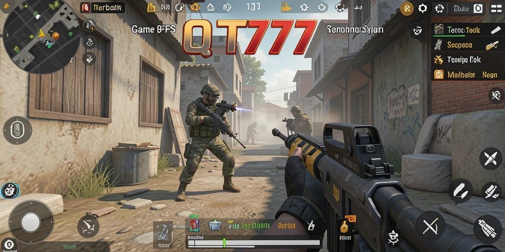 Tangkapan layar utama QT777 menampilkan aksi gameplay FPS yang intens.