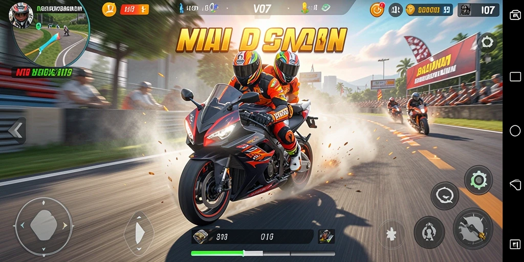 Gameplay V07 dengan motor balap yang cepat dan trek menantang.